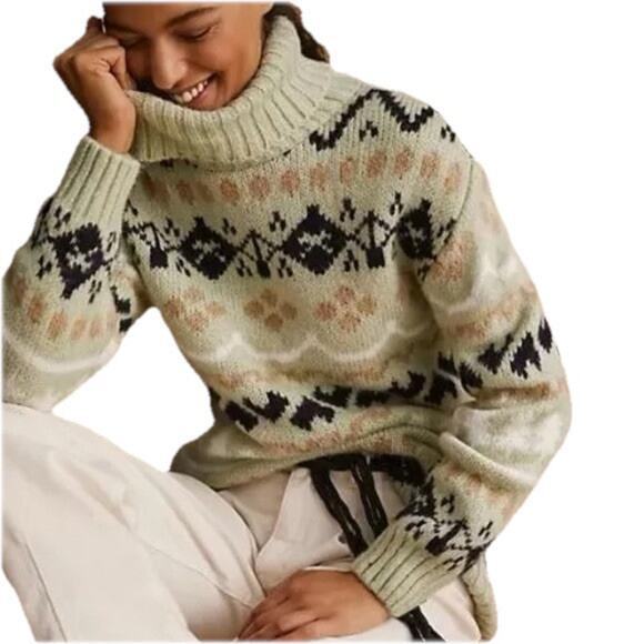 Anthropologie Fair Isle Knit Chunky Mint Turtleneck Tunic Sweater Size Medium‎ - Picture 1 of 8